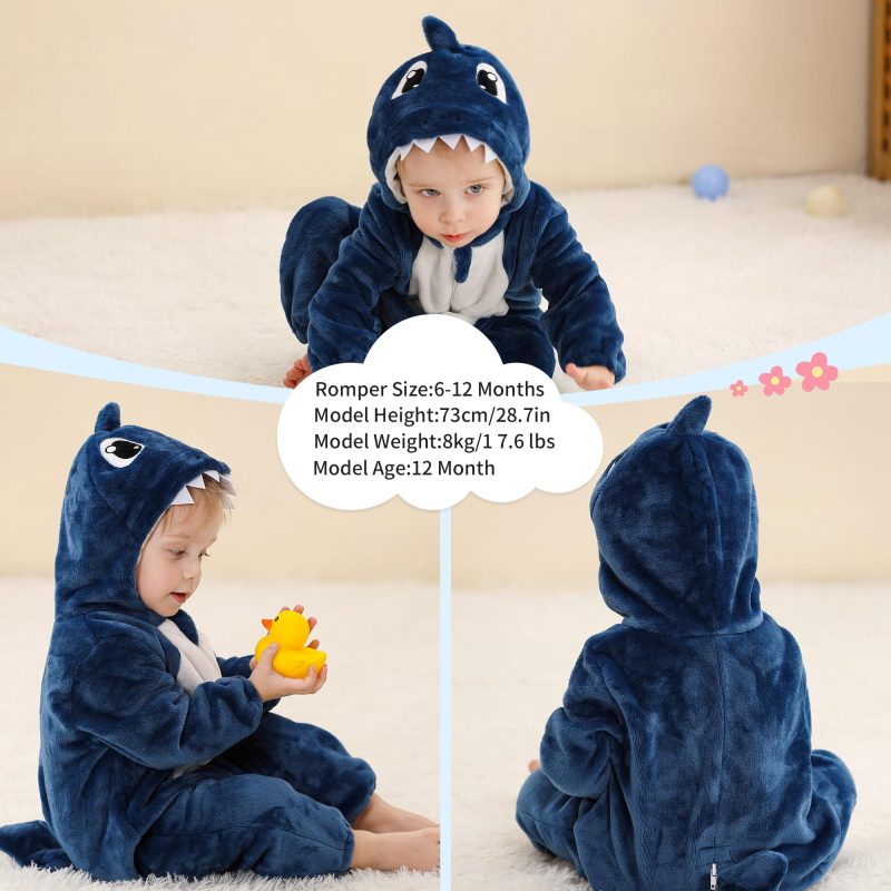 Unisex Baby Hooded Romper Infant Toddler Animal Dress Halloween Party Outfit Jumpsuit 6-12 Months, Shark - Image 2
